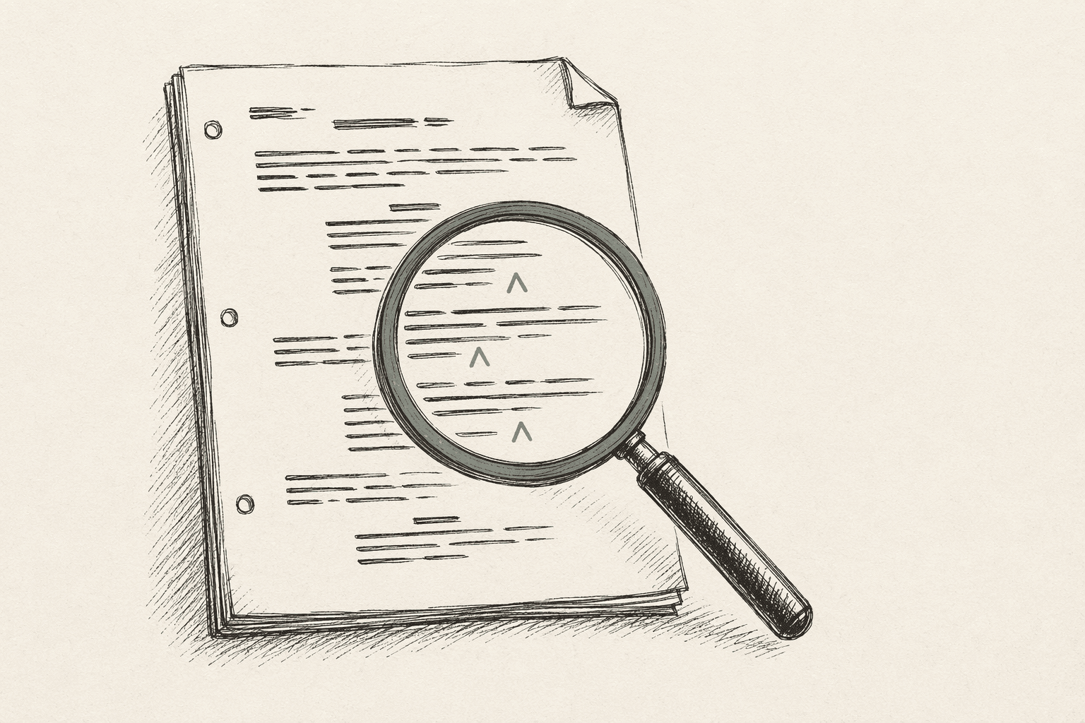Hand-drawn screenplay page with a sage-rimmed magnifying glass hovering over it, three small caret marks inside the lens flagging continuity issues