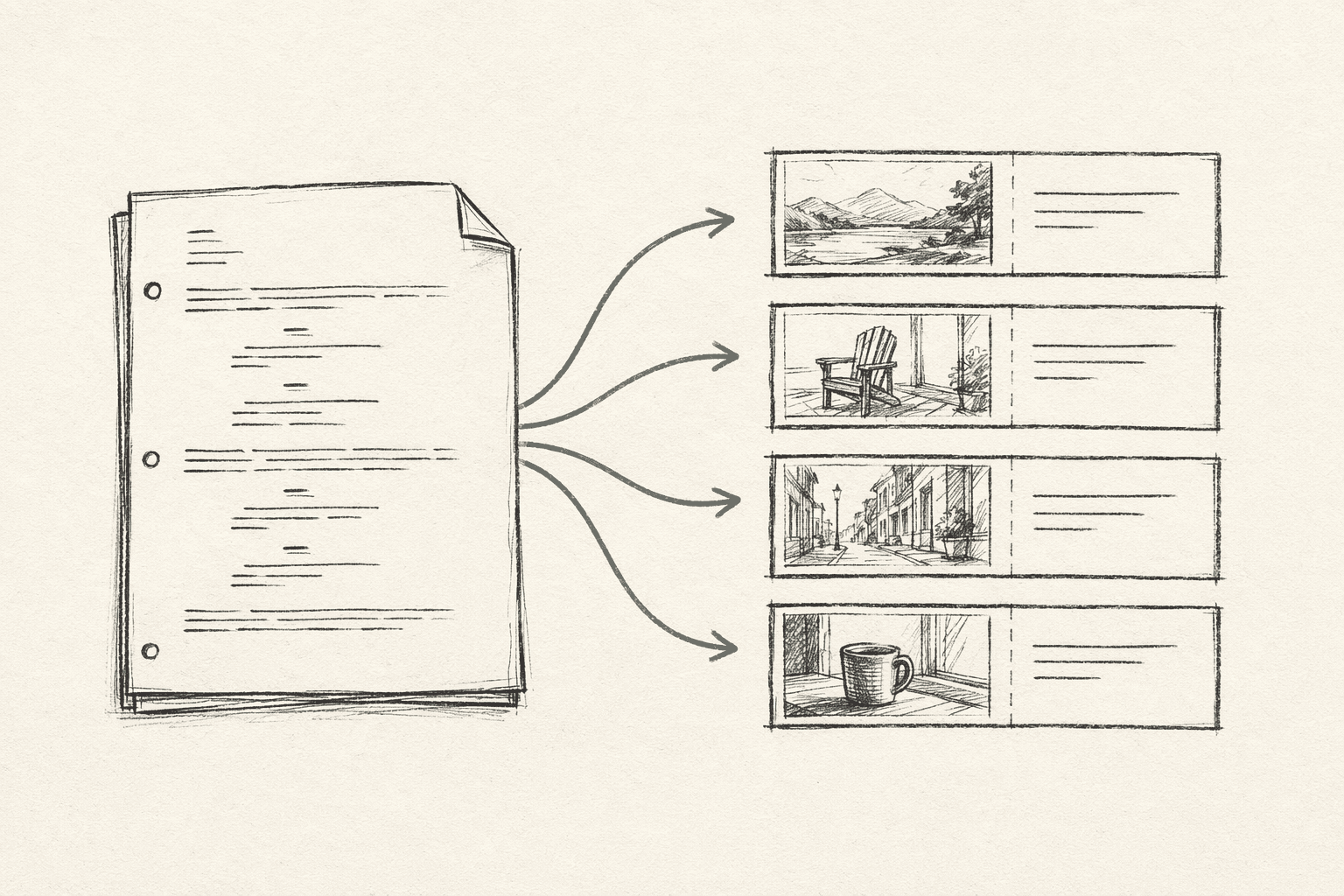 Sketched screenplay page on the left with arrows fanning out to four shot list rows on the right, each row holding a small scene icon