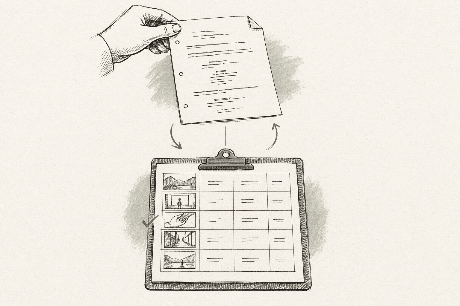 A hand holds a sketched screenplay above a clipboard shot list with small scene icons in each row, two looping arrows hinting at the transformation