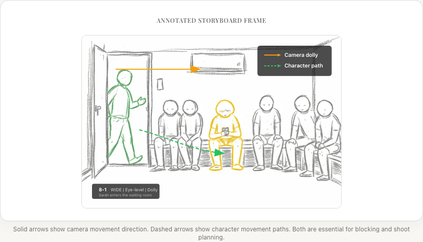 Annotated storyboard frame with composition breakdown