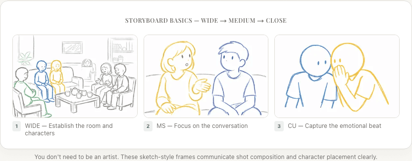 Beginner storyboard example showing wide, medium, and close-up frames with simple sketch-style illustrations