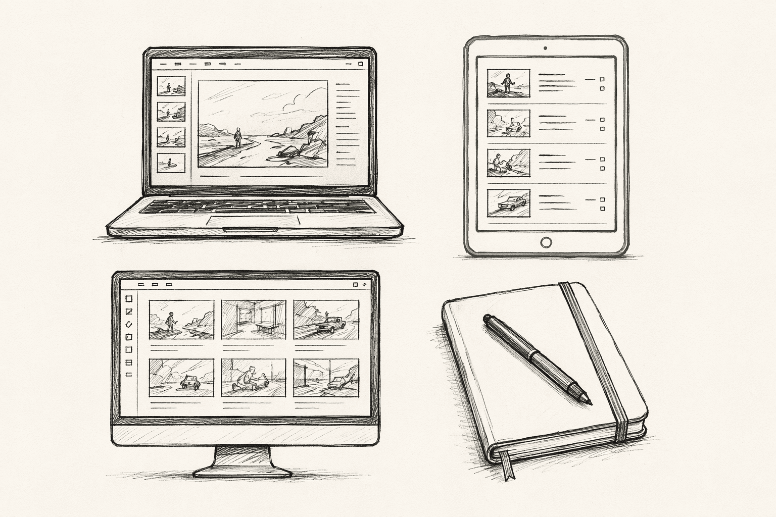 Sketched 2x2 grid of director's devices — laptop with a storyboard scene, tablet with a shot list, desktop monitor with a panel grid, and a sketchbook with pencil