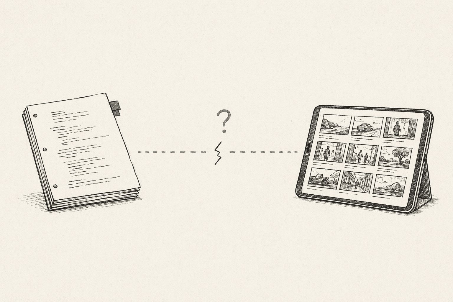 A screenplay stack on the left and a tablet with a storyboard grid on the right, separated by a broken dashed line and a sage-tinted question mark — the disconnect Boords leaves unsolved