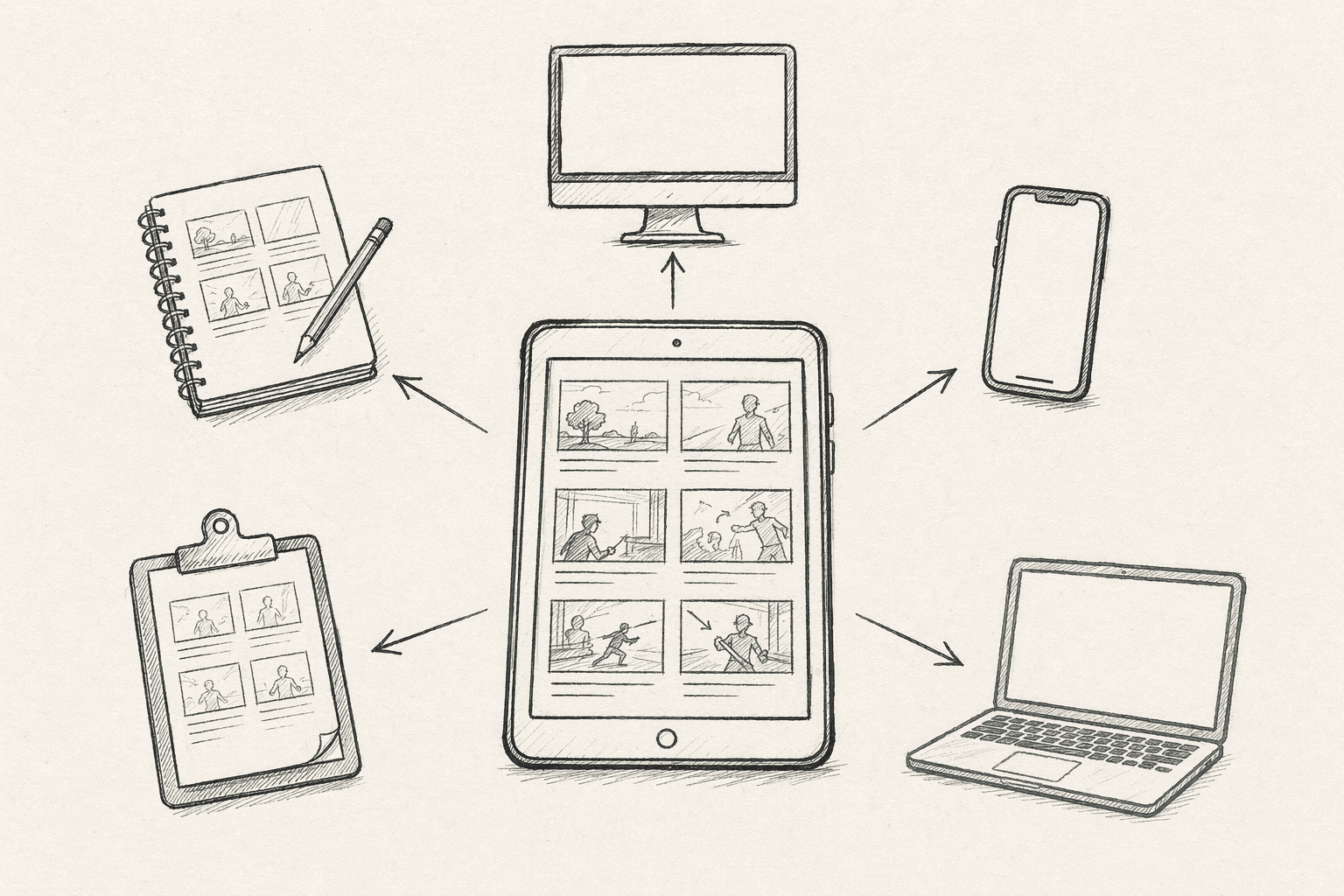 Central sketched tablet showing a storyboard panel grid with five alternate devices radiating around it — sketchbook, monitor, smartphone, clipboard, laptop