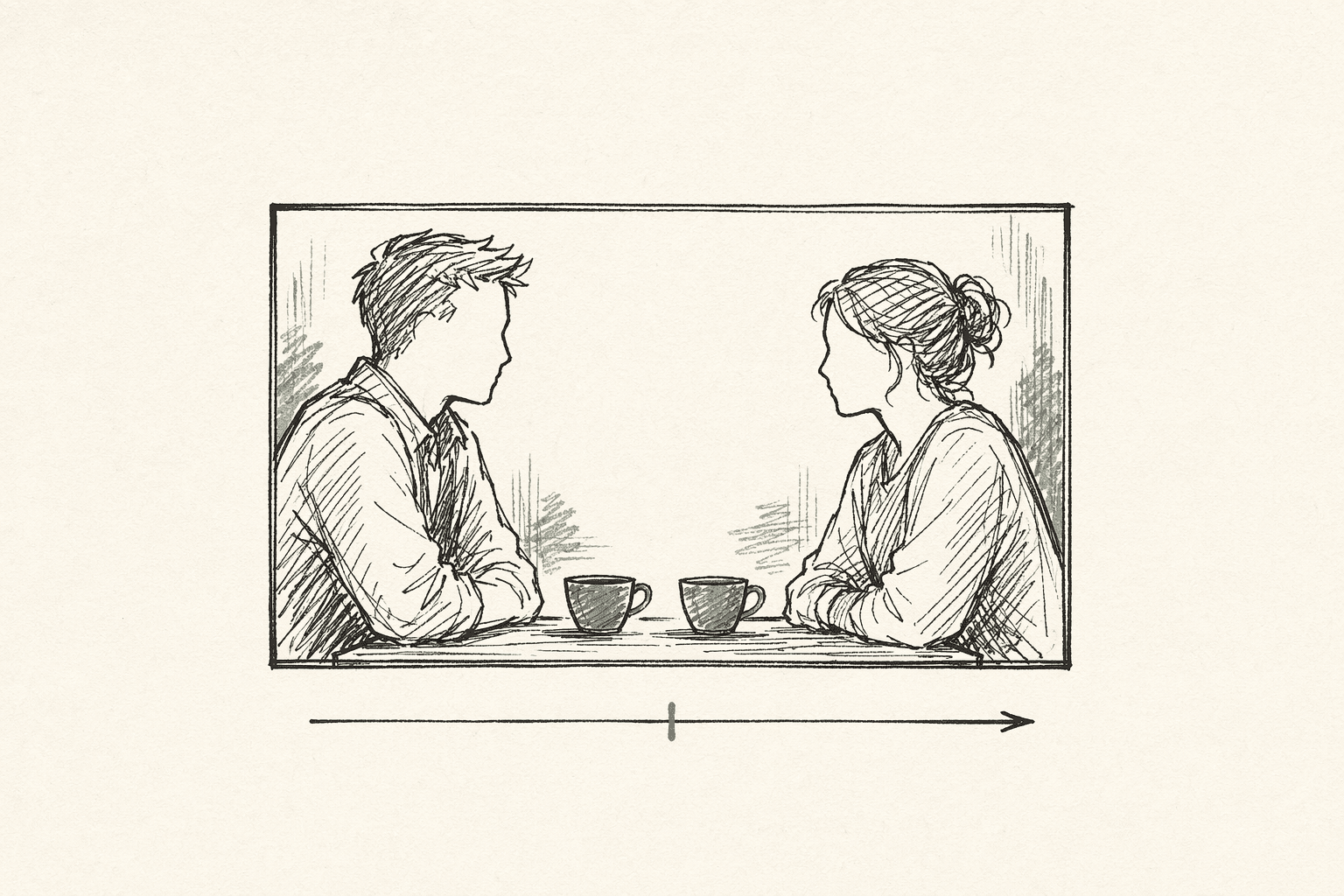 Eye-level storyboard frame — two figures in conversation across a small table, level eye-line arrow below the panel