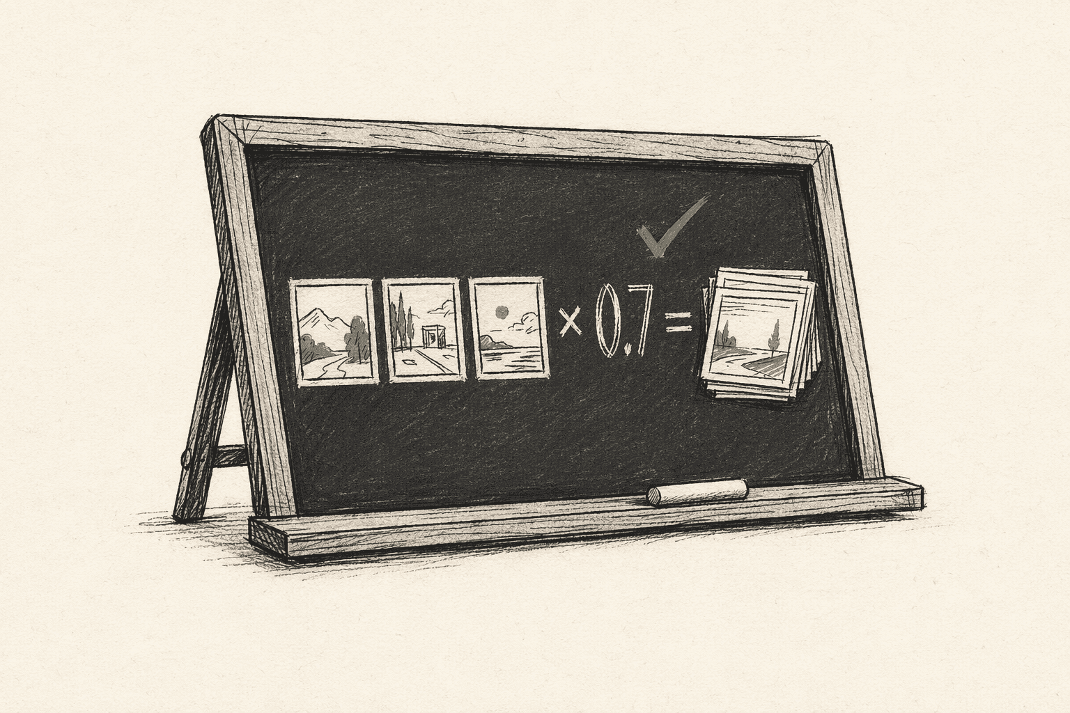 Sketched chalkboard on a stand — three small storyboard panels in a row, a multiplication symbol, '0.7', equals, a larger stack of panels, with a sage tick above the equals and a piece of chalk on the ledge