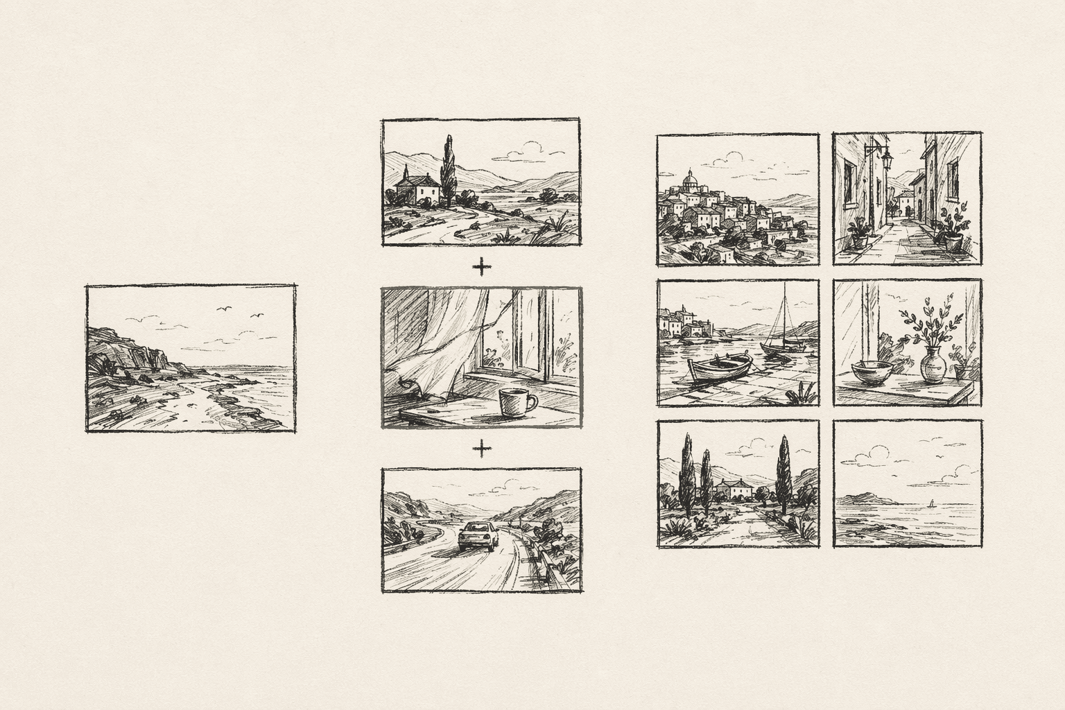 Visual chart of scene complexity: one panel on the left, a stack of three panels with plus signs in the middle, a 2x3 grid of six panels on the right