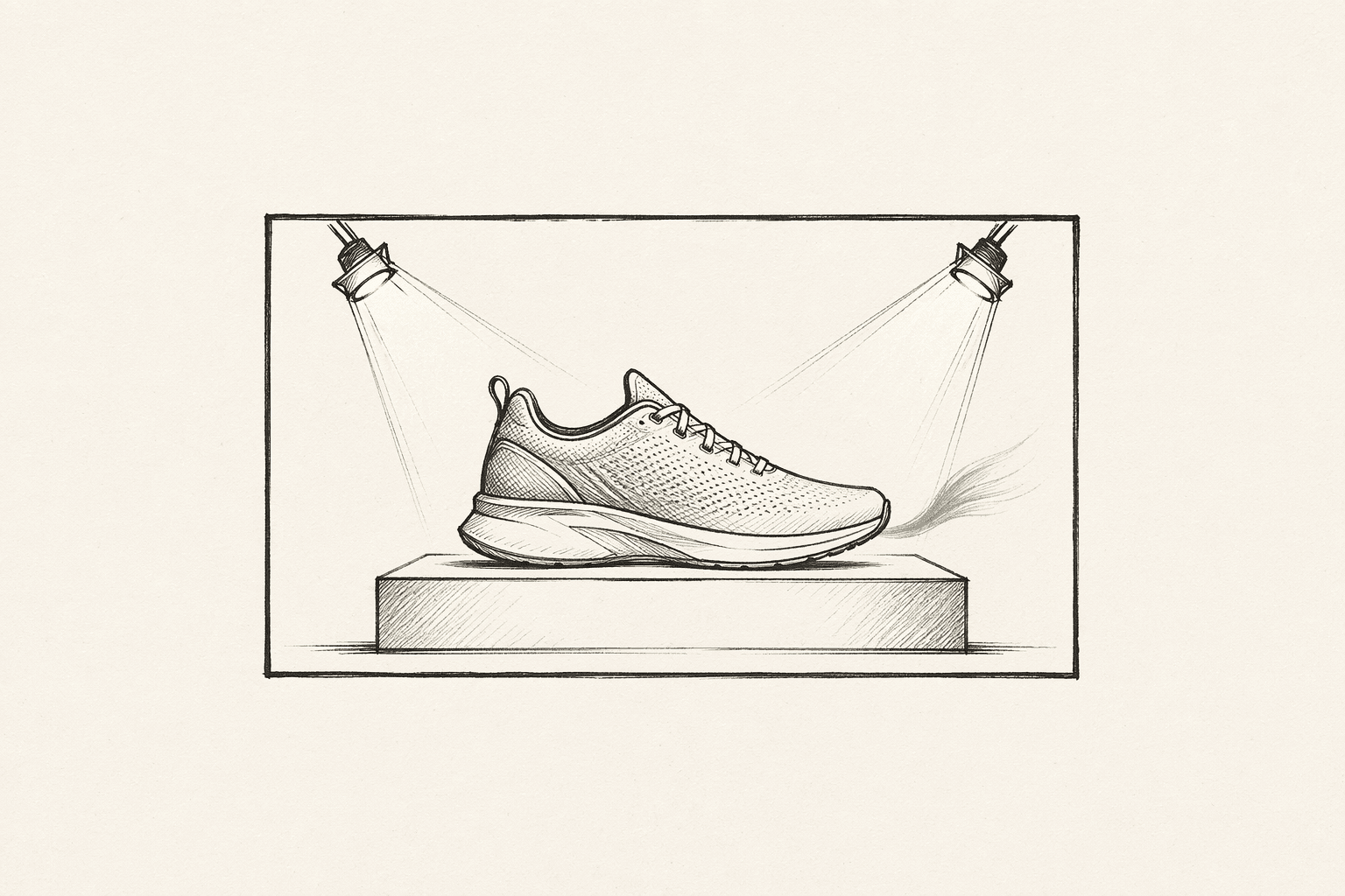 Hero product shot storyboard frame — an athletic shoe centered on a small pedestal with directional studio lighting from upper-left and upper-right, a sage-tinted accent at the toe