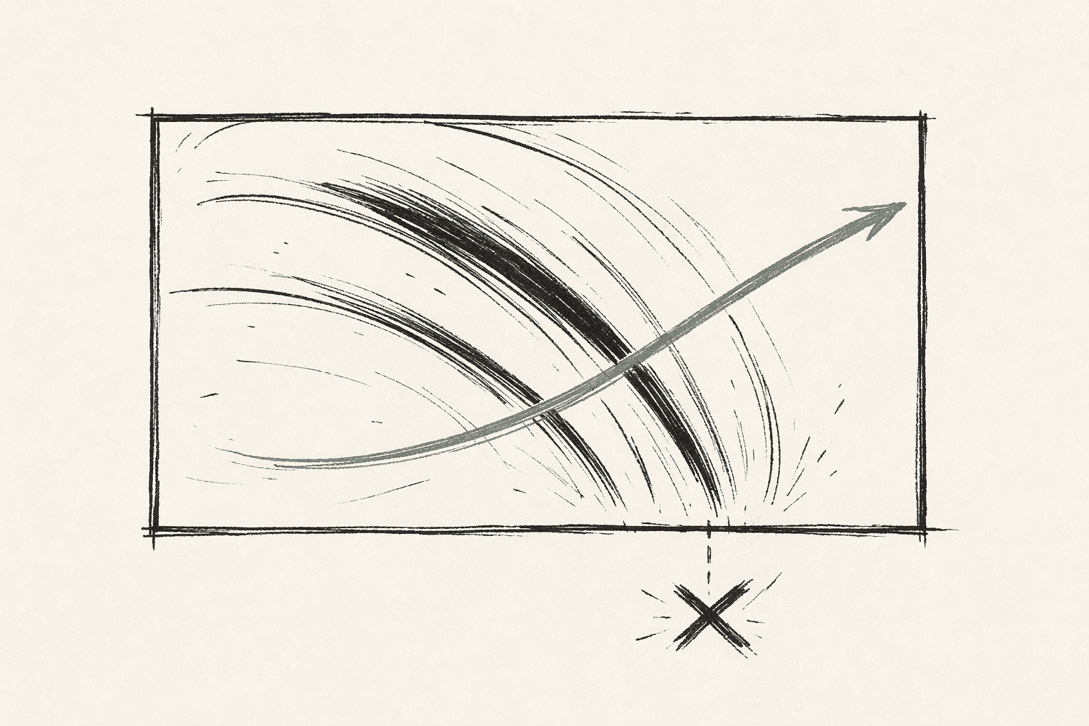 Pure-action storyboard panel — bold curved motion lines sweep through the frame, a sage-tinted emphasis arc cuts diagonally, an X marks the hit point below