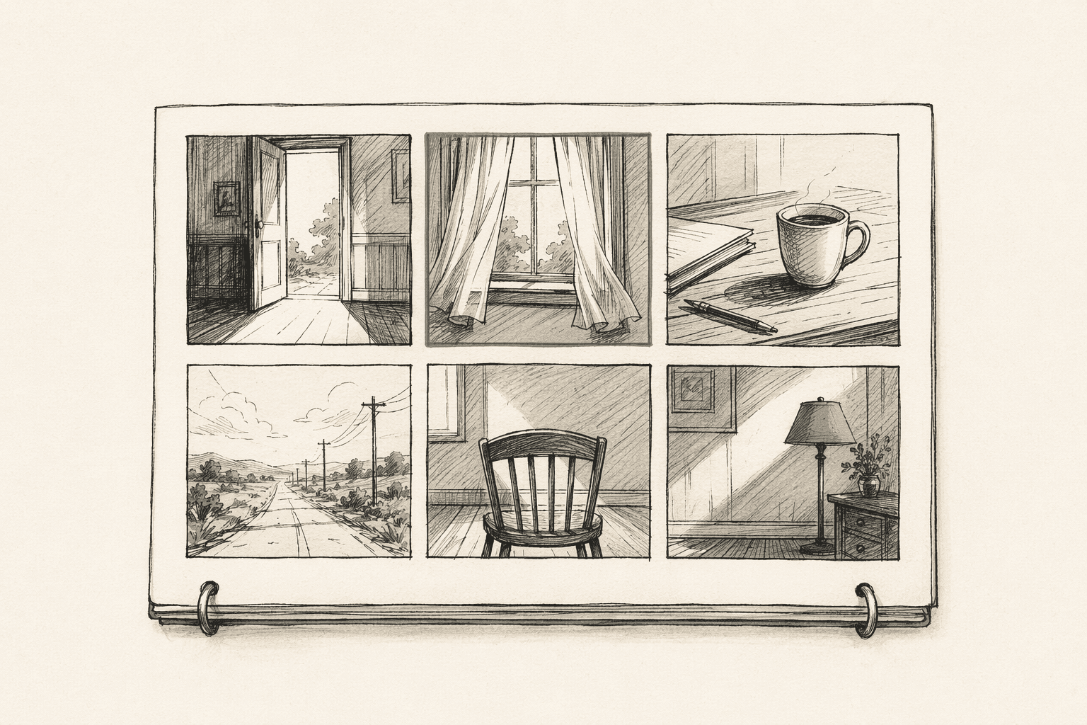 Sketched 2x3 storyboard sheet with six panels — doorway, curtained window, tabletop, road, chair, lamplit corner — bound together by a director's binder ribbon