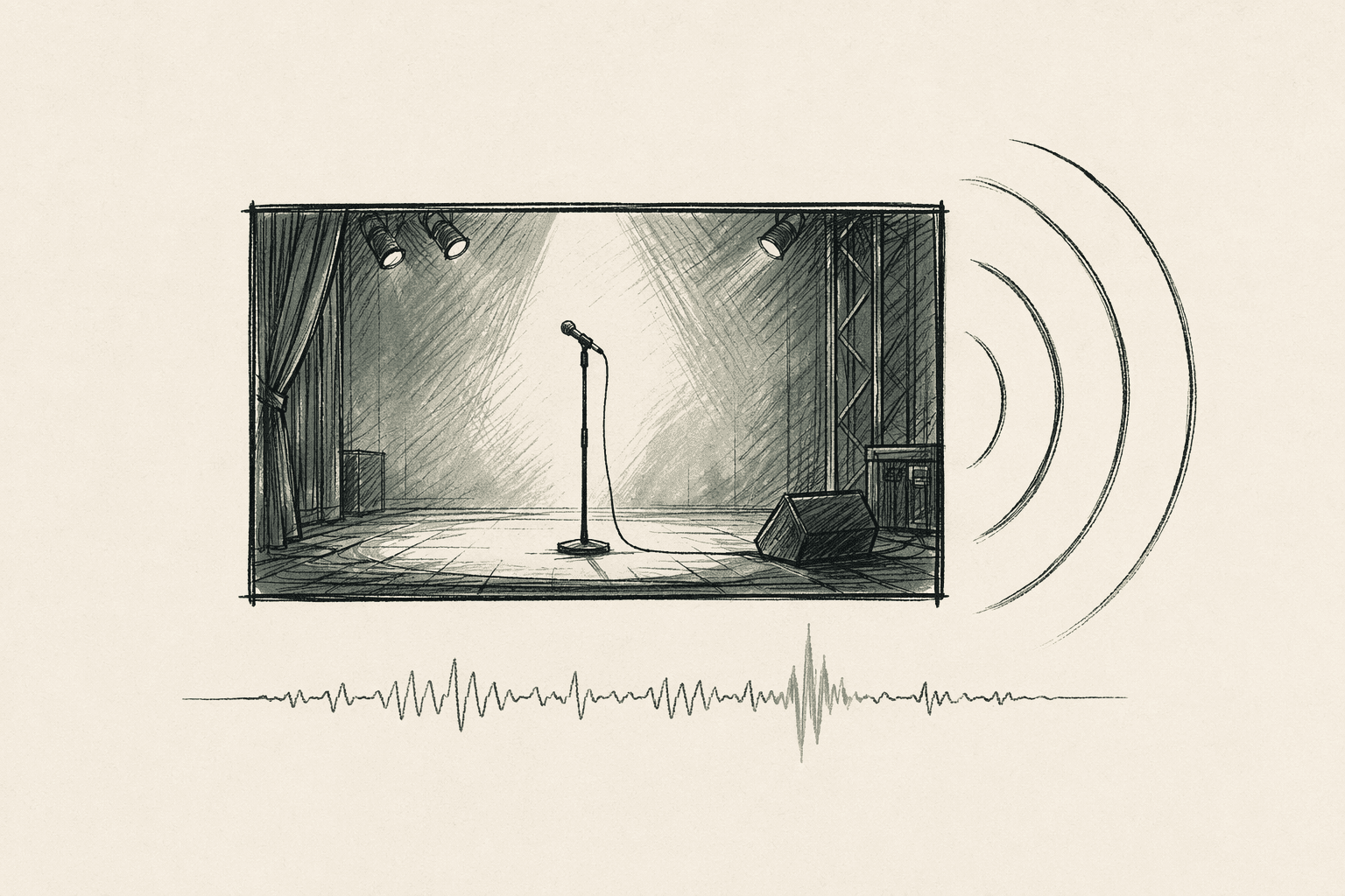 Storyboard panel of an empty stage with a single spotlit microphone stand, sound waves emanating from the right edge, audio waveform line below the panel