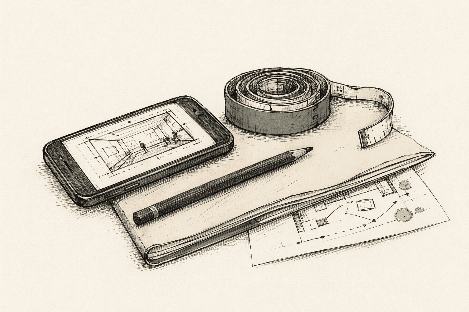 Indie filmmaker's improvised pre-viz tools — smartphone showing a sketched scene, sage-banded tape measure, pencil, and a folded paper with an overhead diagram