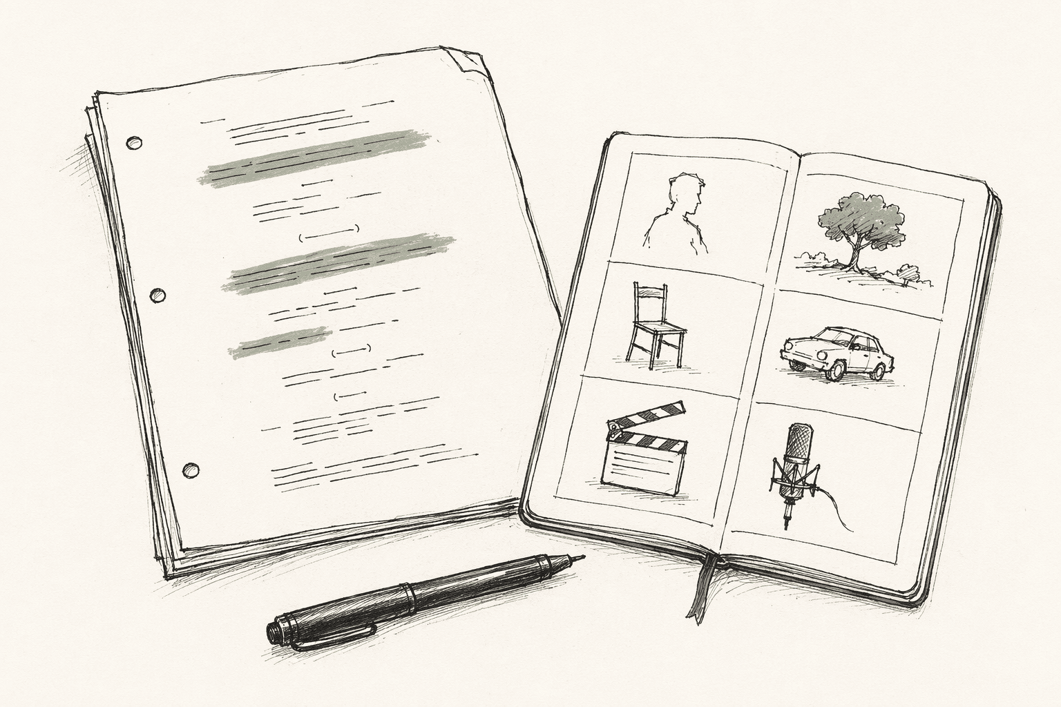 Sketched screenplay page with sage highlighter swipes beside an open notebook breakdown grid holding six tiny icons — silhouette, tree, chair, car, clapperboard, microphone