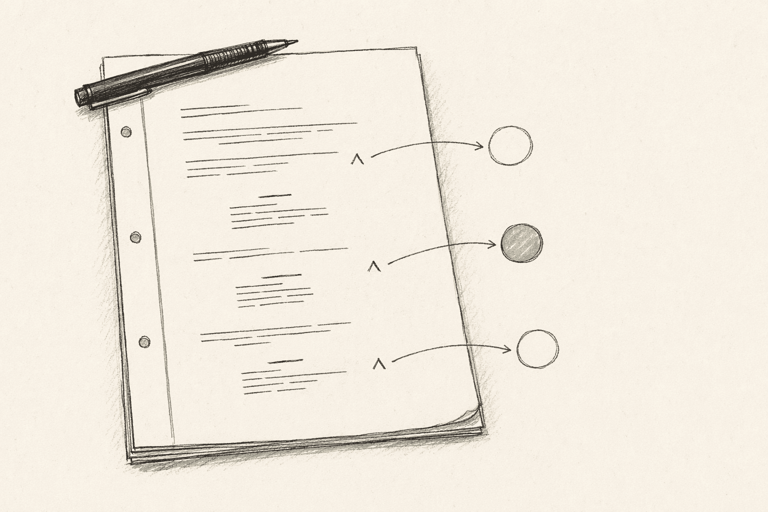 Director's marginalia on a sketched screenplay — three caret marks on flagged lines connected by arrows to three margin circles, one filled sage-green