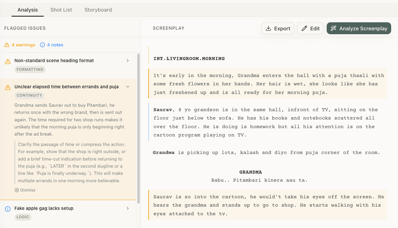 StoryBirdie's screenplay analysis with flagged continuity and formatting issues alongside the screenplay text