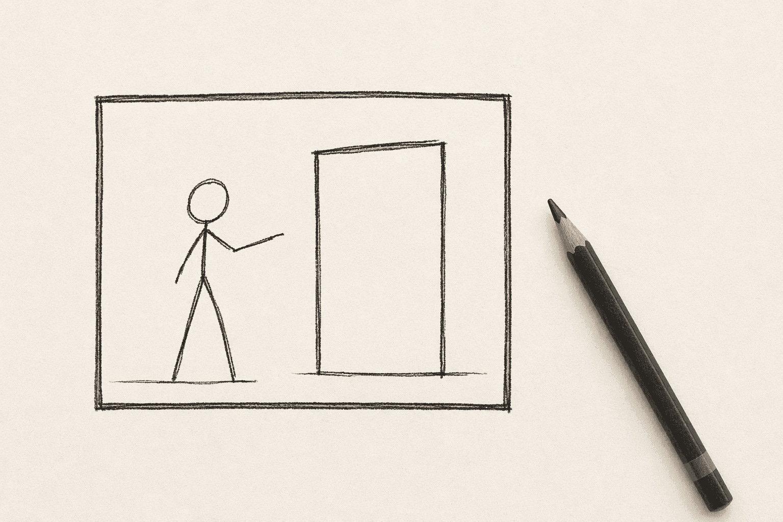 A storyboard panel containing a deliberately crude stick-figure beside a rectangular doorway, a charcoal pencil with sage-banded tip resting beside the panel