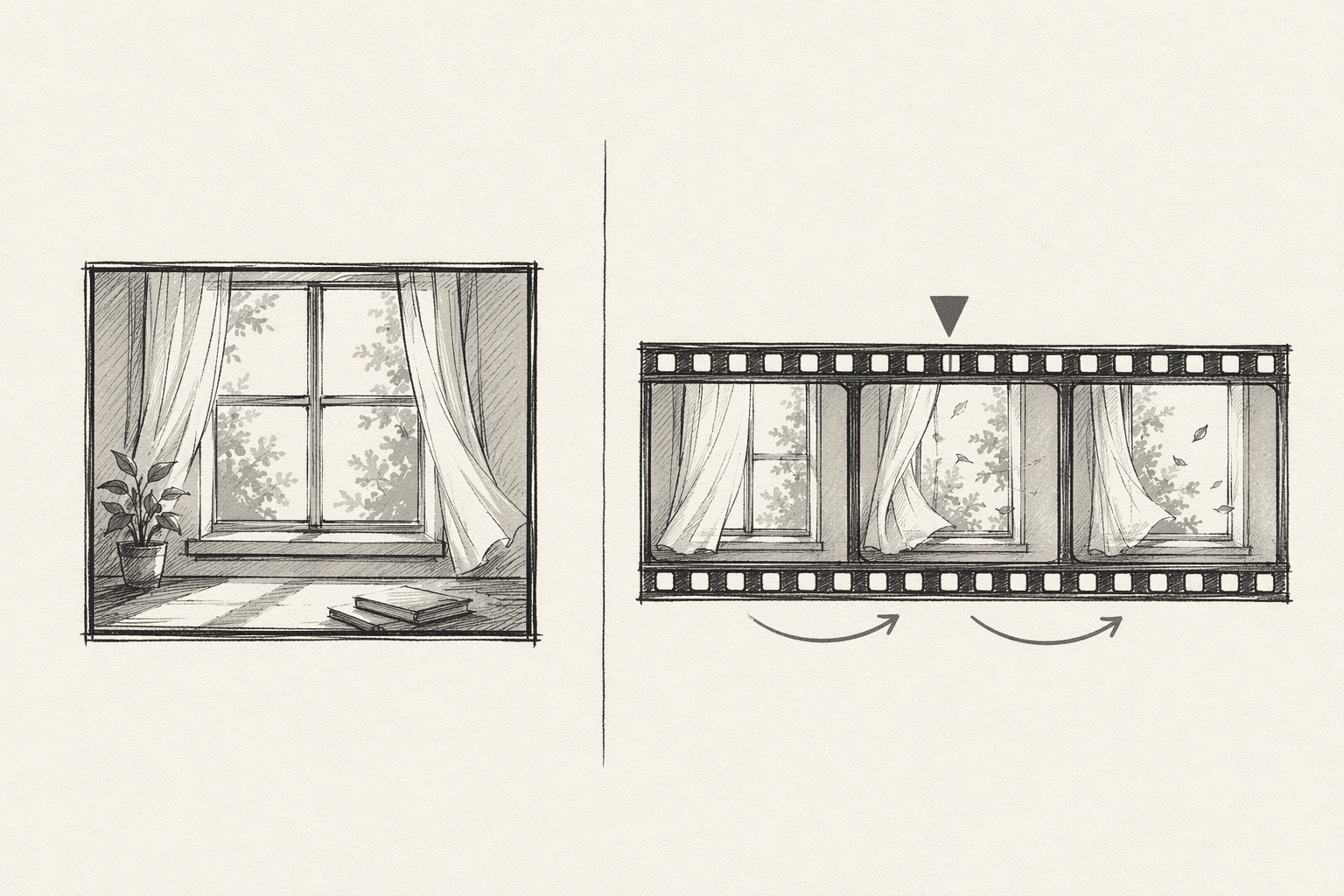 Side-by-side sketchbook comparison: a static storyboard panel of a curtained window on the left, a three-frame filmstrip with sage motion arrows on the right