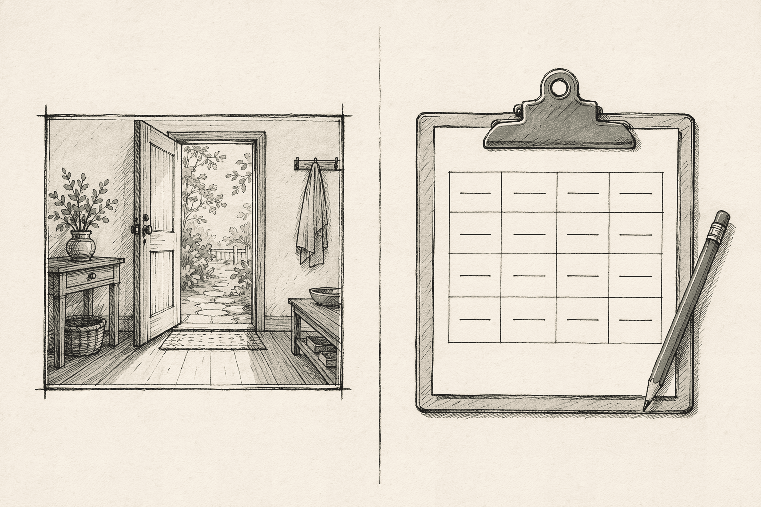 Sketchbook spread: storyboard panel of a doorway opening to a garden on the left, director's clipboard with a shot list table on the right