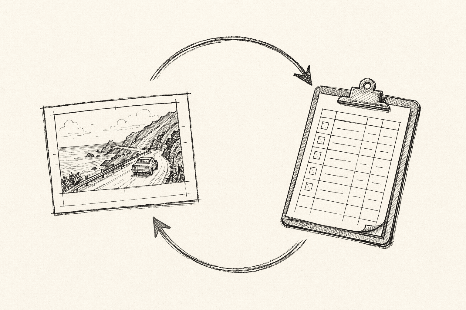 Storyboard panel of a coastal road and a director's clipboard checklist connected by two looping sketch arrows in a chicken-and-egg motif