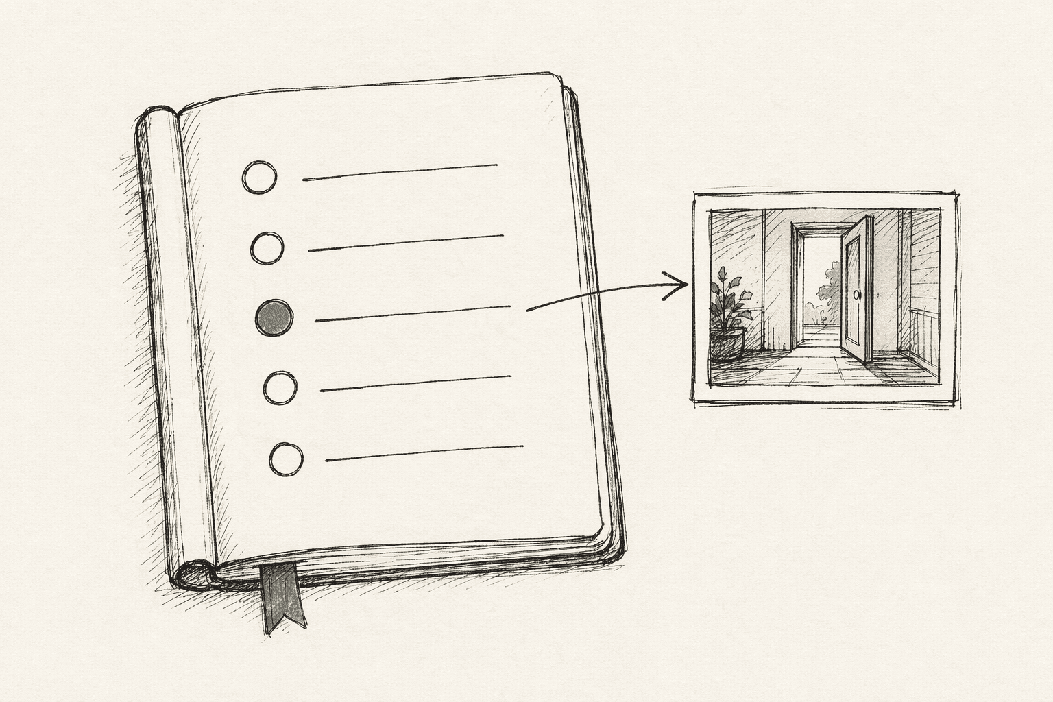 Sketched open notebook with a numbered list of five bullet circles (one filled sage-green) and an arrow to a single panel showing a sunlit doorway with a plant
