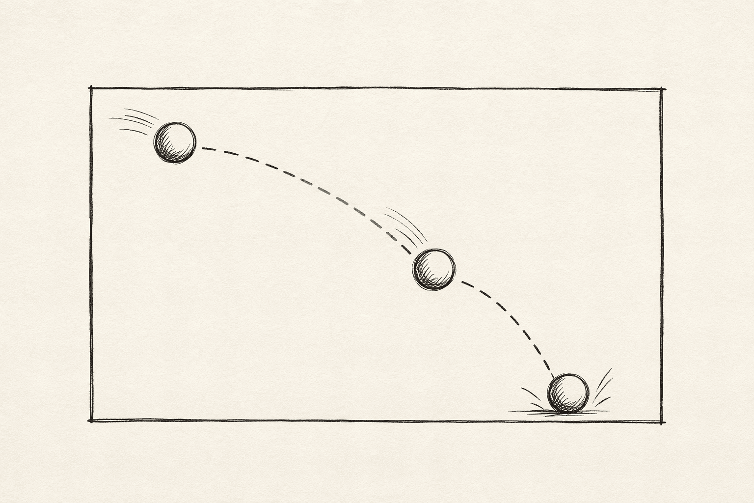Storyboard panel showing the classic animation arc-of-action — a bouncing ball at three positions along a dashed trajectory arc with motion-blur trails
