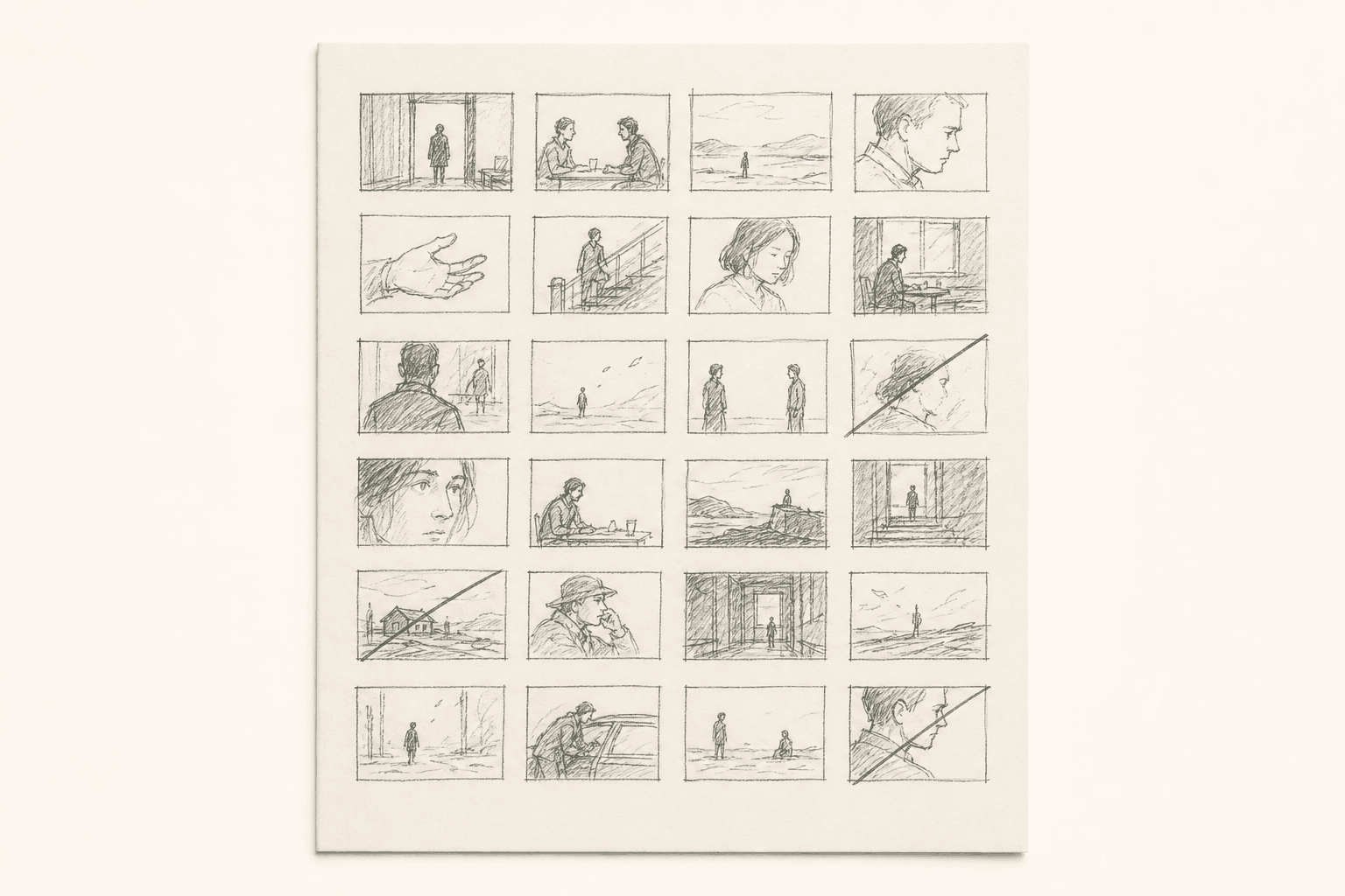 A single sheet of paper covered in roughly twenty-four tiny thumbnail storyboard sketches arranged in a grid, with a few crossed out by a single diagonal line