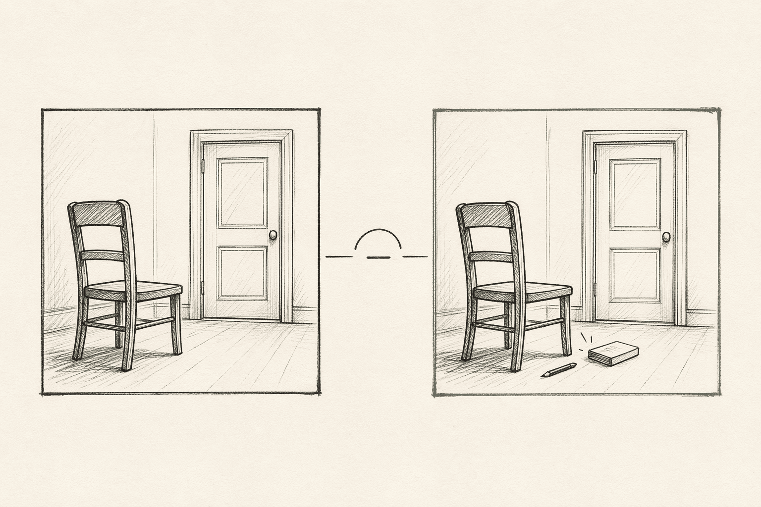 Two side-by-side storyboard panels — a chair facing a closed door (setup), then the same scene with a small object fallen in front (punch) — sage-tinted timing pause between