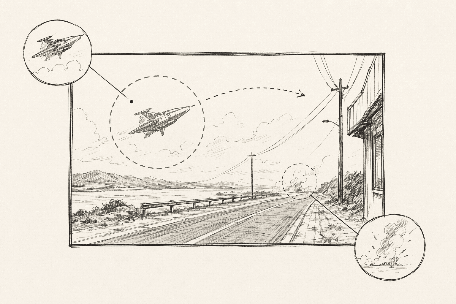 Storyboard panel of a desert road with overlaid VFX annotations — a dashed circle marking a CG element, sketched motion paths, and corner callouts