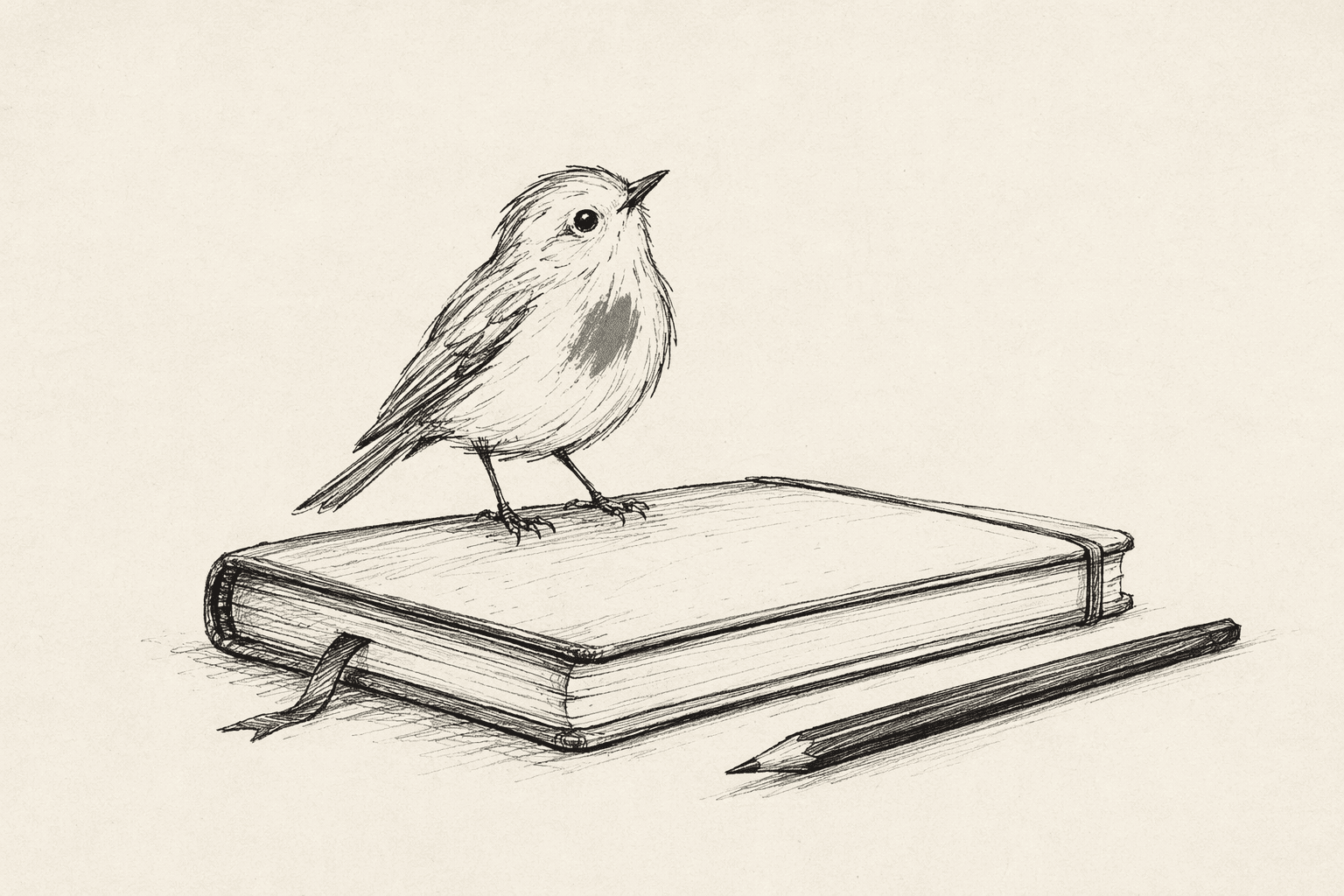 A small songbird with a sage-green chest feather perched on a closed sketchbook, a charcoal pencil resting beside — the StoryBirdie mascot at rest