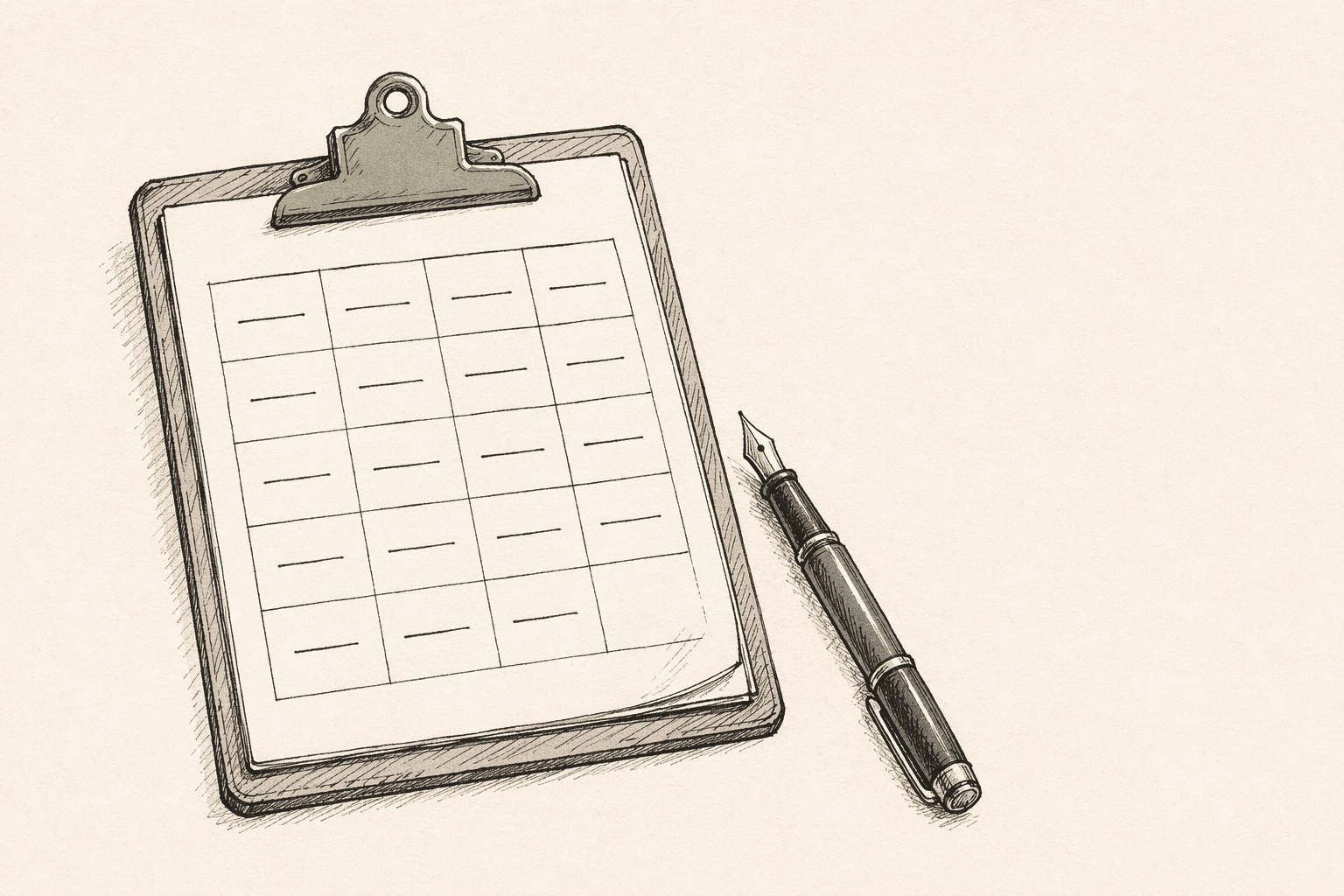 Hand-drawn director's clipboard with a sketched shot list table, sage-green clip, and a fountain pen resting beside it on parchment