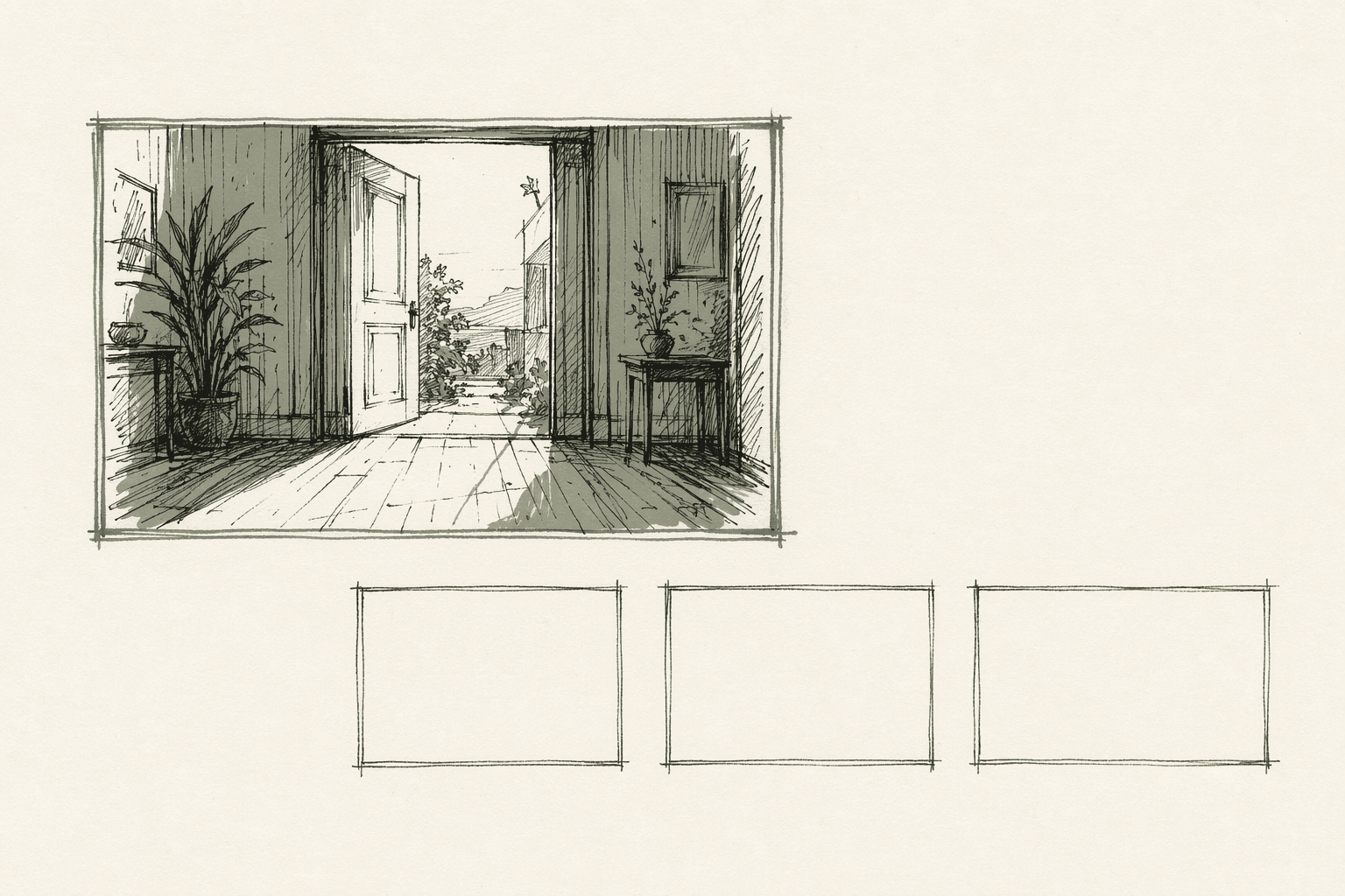 Hand-drawn storyboard panel of a sketched doorway interior with three empty placeholder frames below, evoking a director's sketchbook page