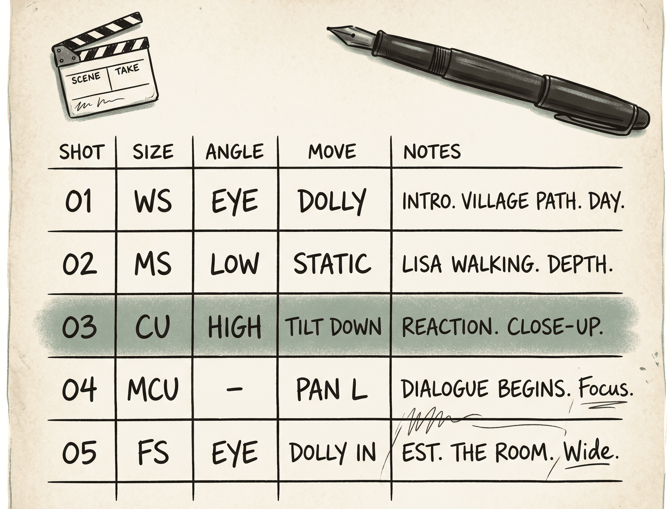Hand-lettered tabular shot list on parchment — columns for shot, size, angle, move, notes — illustrating AI shot list generation.