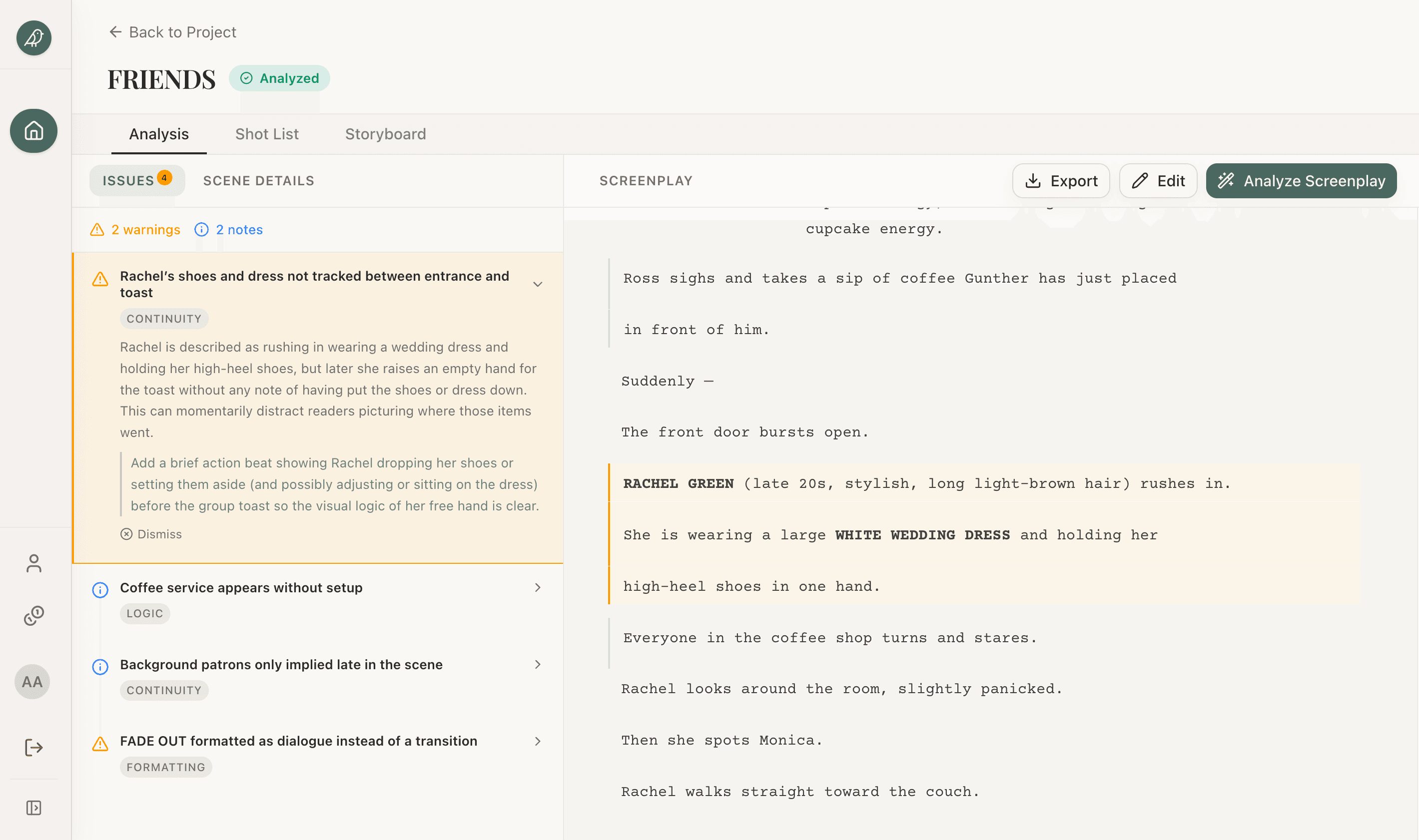 StoryBirdie's screenplay analysis view showing four flagged issues — including a continuity error on Rachel's shoes and a logic gap around coffee service — anchored to the lines they reference.