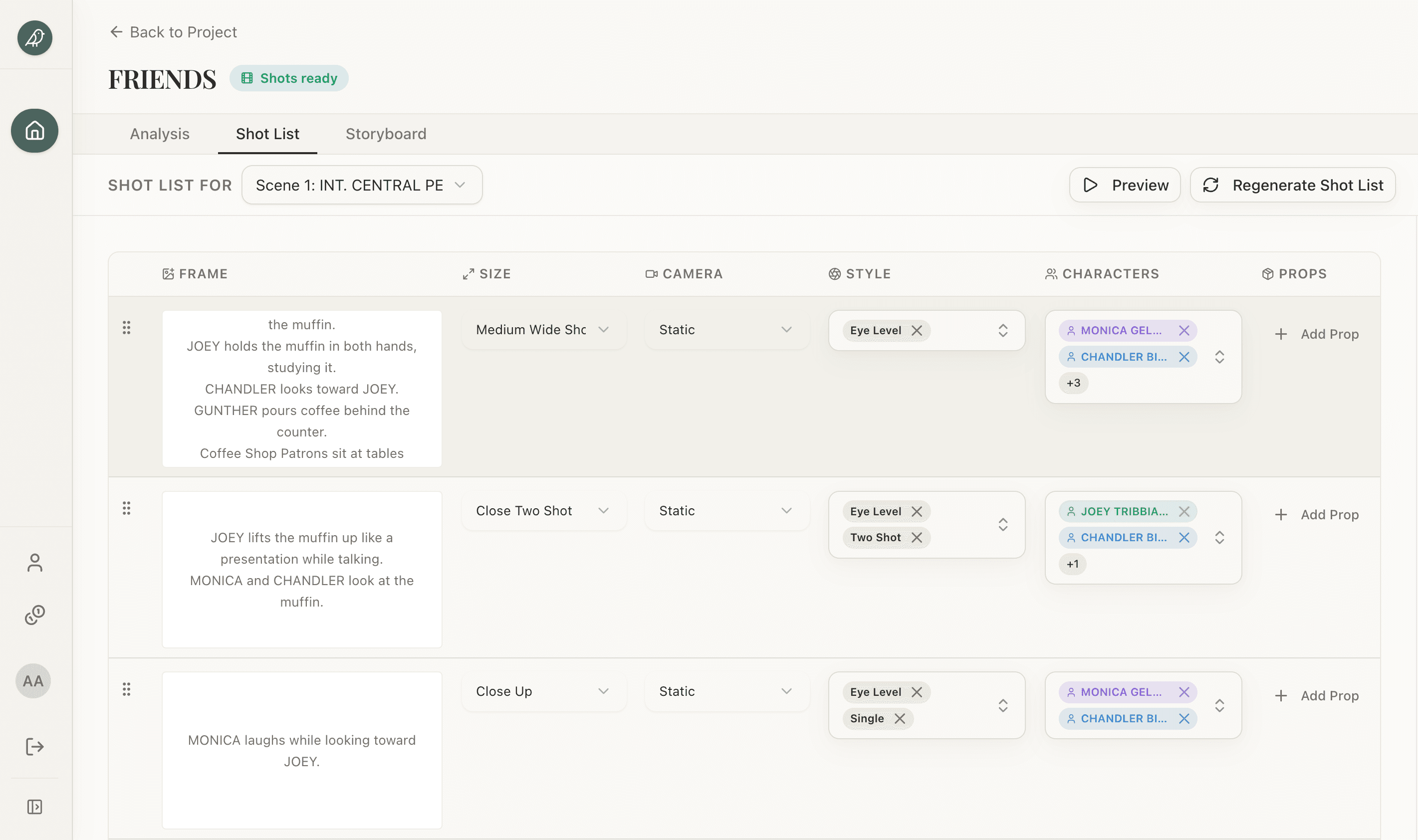 StoryBirdie's shot list editor showing generated rows with frame thumbnail, shot size, camera, style, and character columns — editable in place.