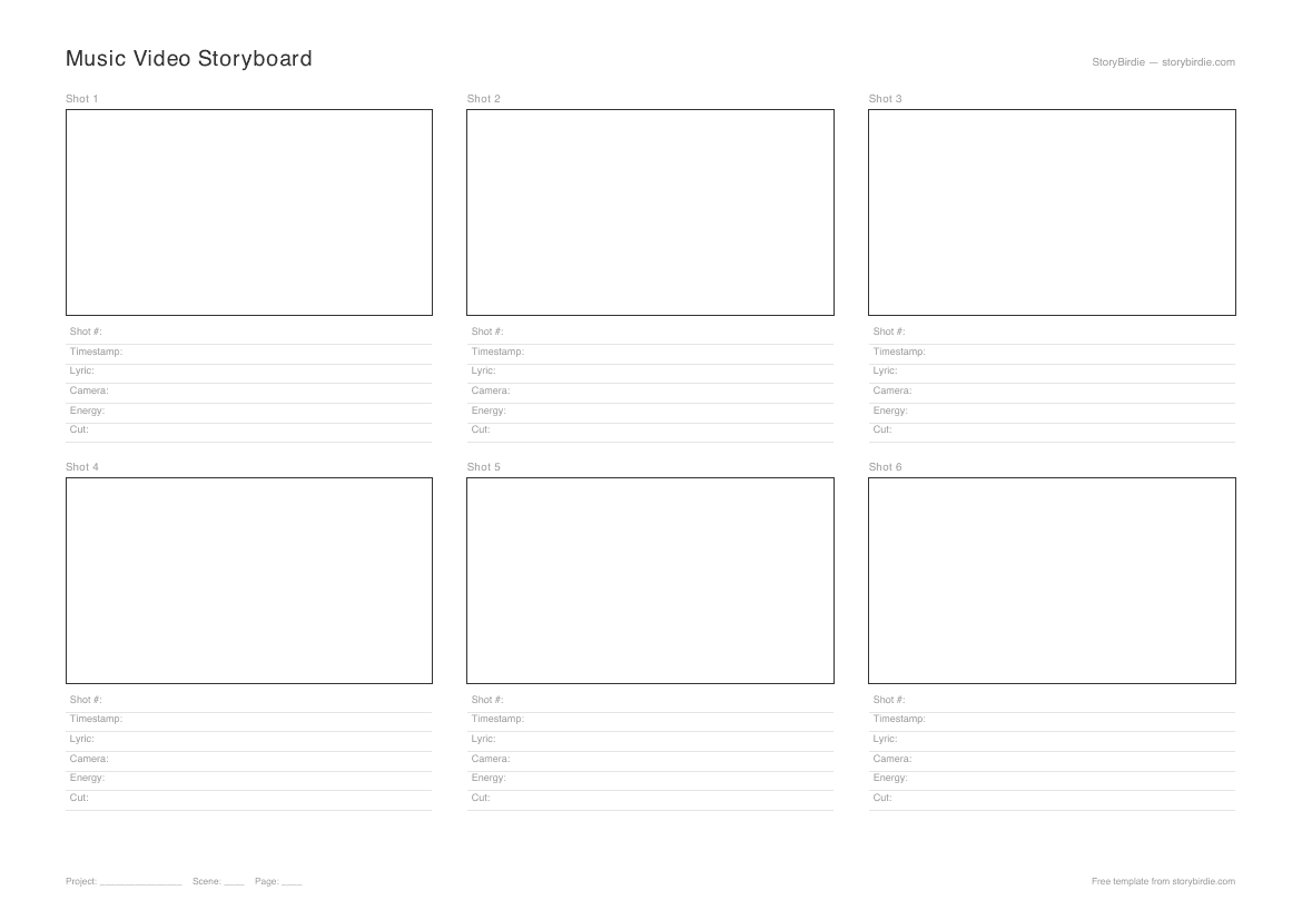 Preview of the Music Video Storyboard Template — 3-panel landscape PDF with timestamp and lyric rows.