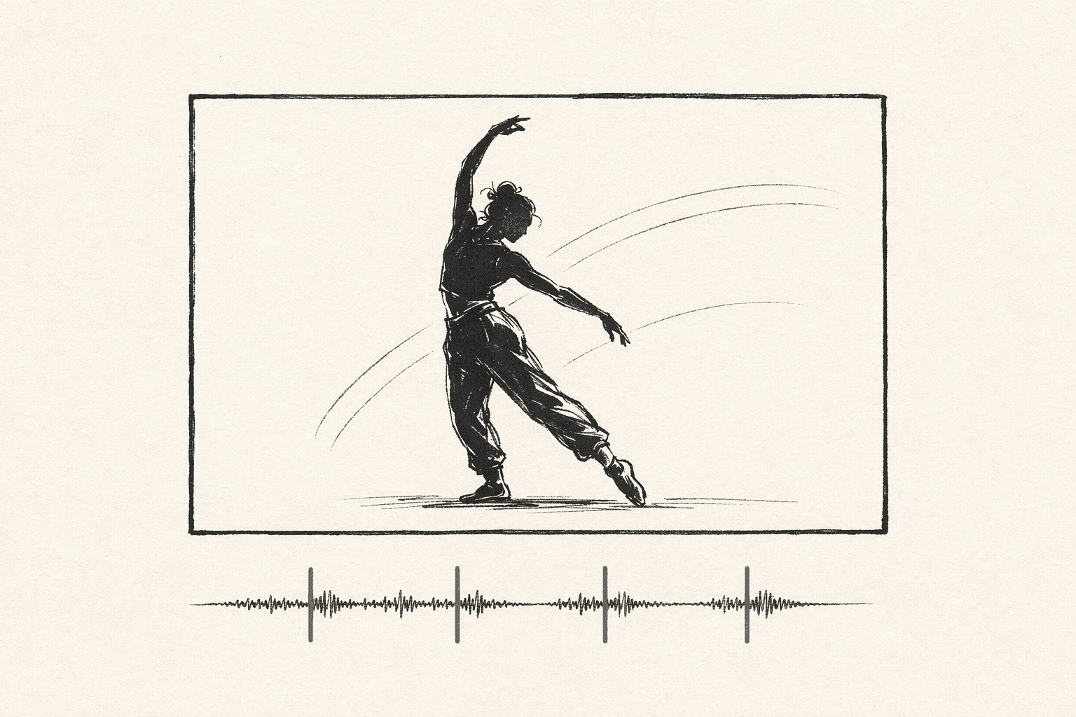 Storyboard frame of a dancer mid-extension with motion-arc trails, beat-sync waveform with sage tick marks below the panel