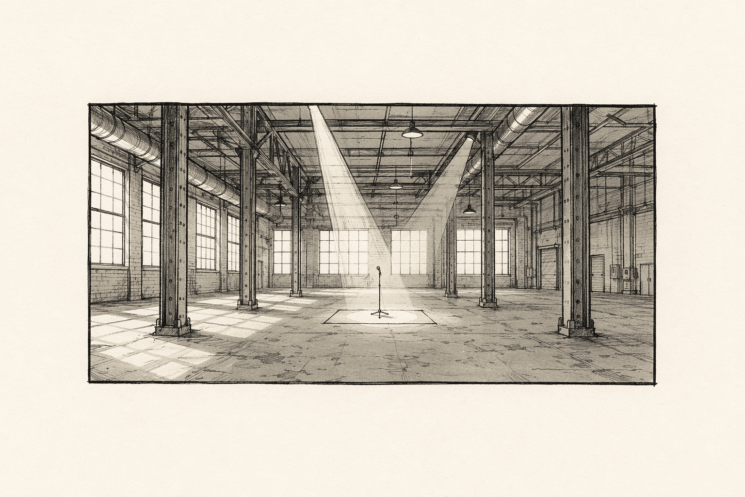 Warehouse performance setup storyboard frame — steel-girder columns, light spilling through tall windows, a central spotlit microphone stand
