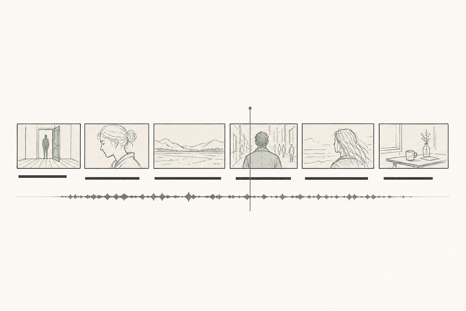 A rough animatic timeline laid out flat — six storyboard panels with shot-duration bars below and a thin audio waveform, a playhead crossing one panel