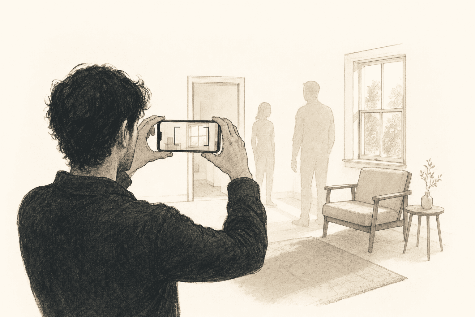 A filmmaker uses a smartphone as a viewfinder during a location scout, framing two stand-in figures in a sparsely furnished interior