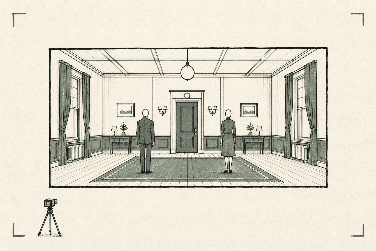 A hand-sketched locked-off wide storyboard panel with two faceless figures standing in a perfectly symmetrical room, a centered doorway behind them, sage-green corner brackets marking the static frame, and a small tripod icon below indicating no camera movement