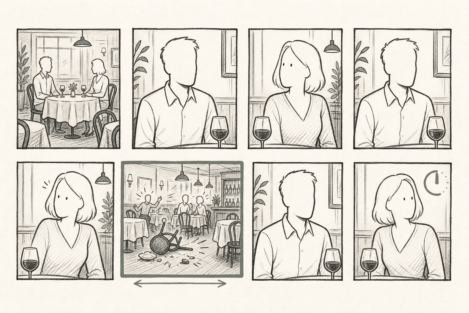 Eight hand-drawn storyboard panels laying out a restaurant comedy sequence — establishing two-shot, close-ups on each character, the distraction building, a sage-bordered wide reveal panel showing chaos in the background, and a final reaction panel with a sage clock-arc marking a sustained hold