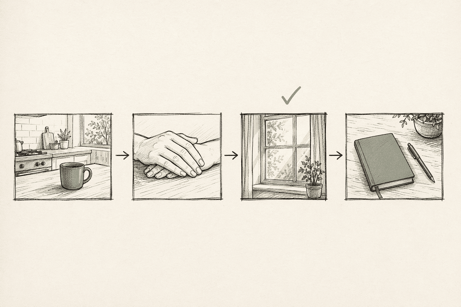 Four-panel b-roll observation sequence — kitchen counter with coffee cup, close-up of hands resting on a table, window with morning light, notebook and pen — a sage tick marks the key moment