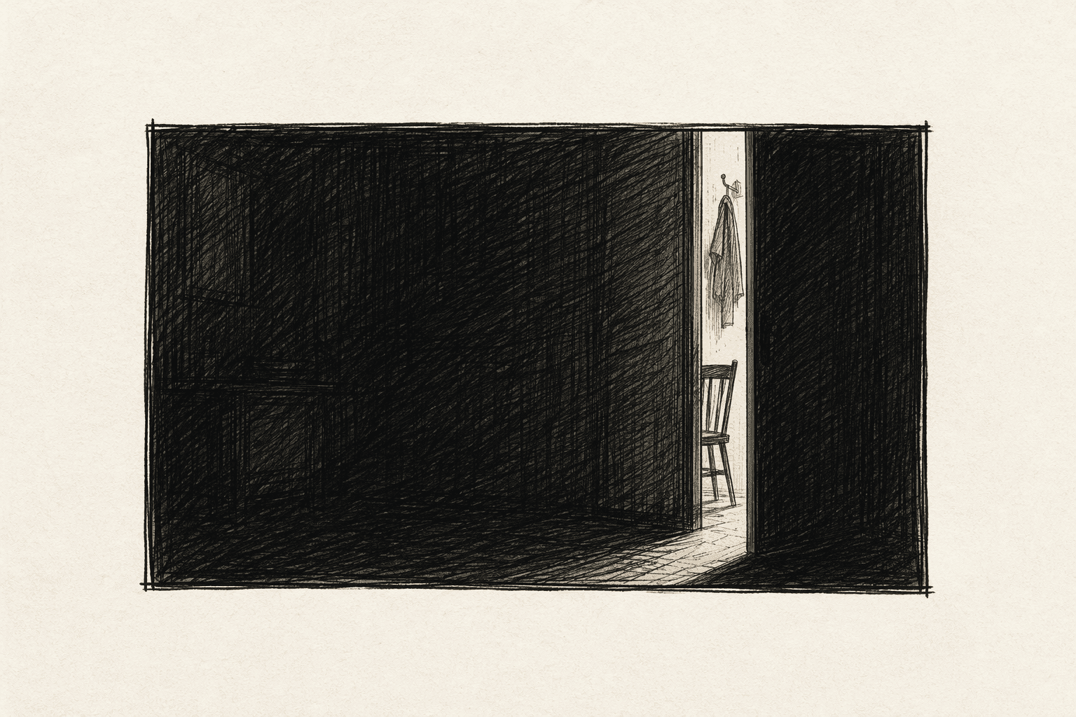 Tension via restricted information — most of the frame is dense shadow with a single narrow strip of light revealing a chair through a partially open door