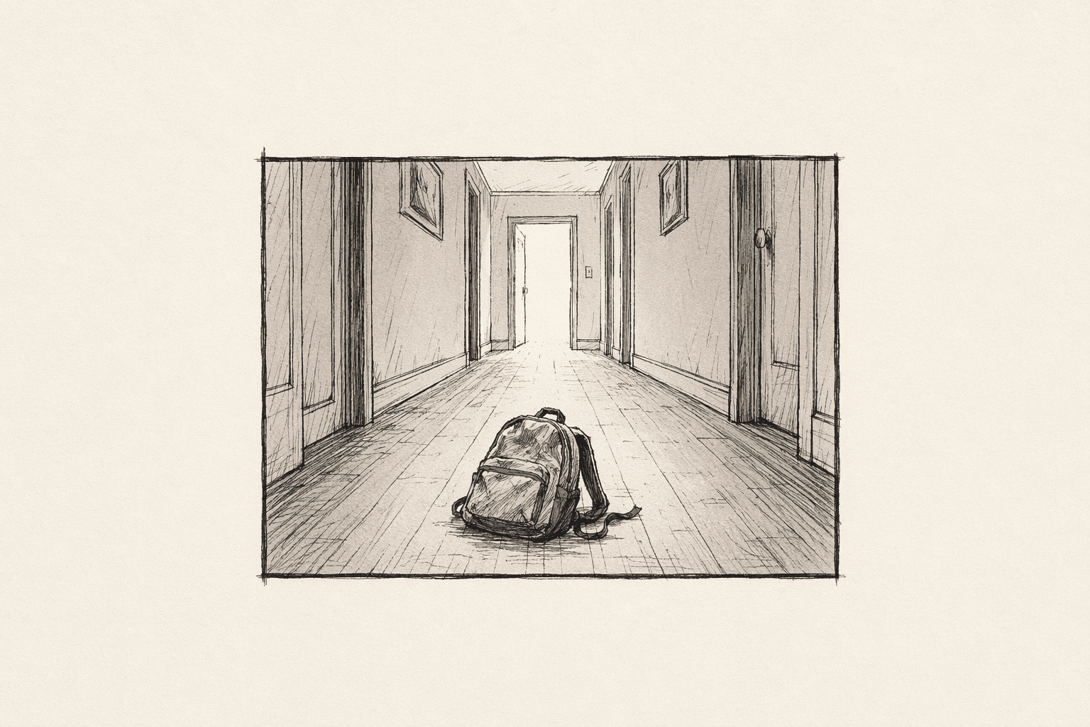Slow-build tension frame — a long perspective hallway view with a single backpack alone on the floor in the foreground, light spilling from a door at the far end