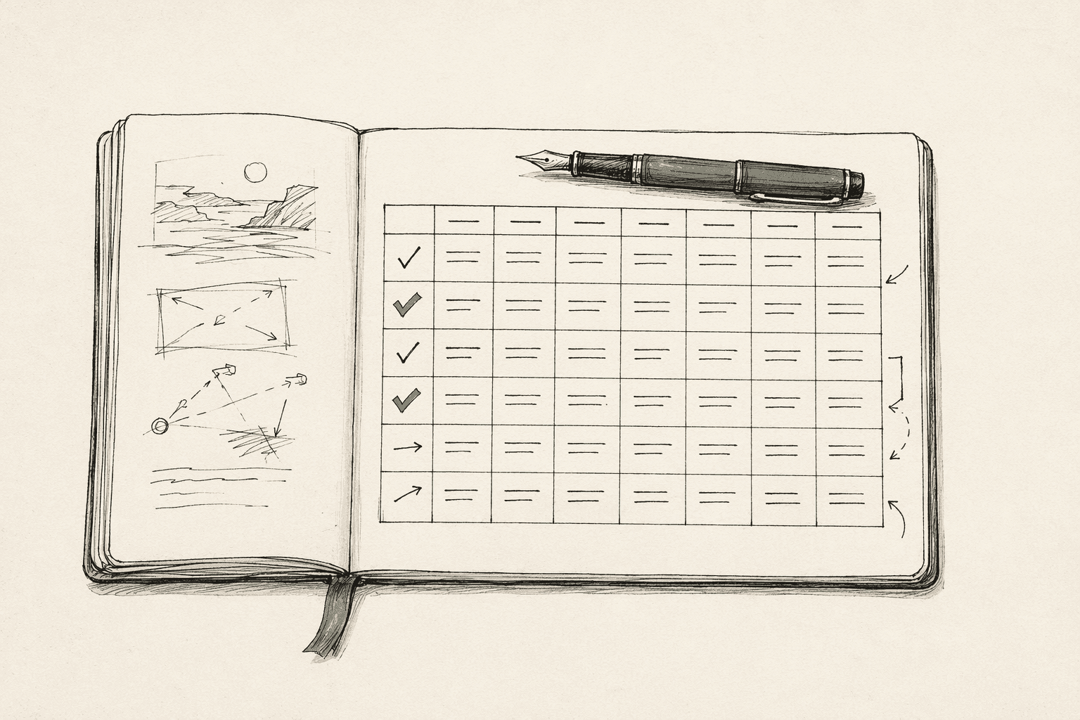 Open director's notebook spread — rough storyboard scribbles on the left page, a working shot-list table on the right page with sage-green checkmarks and margin annotations, a fountain pen mid-stroke across the spread