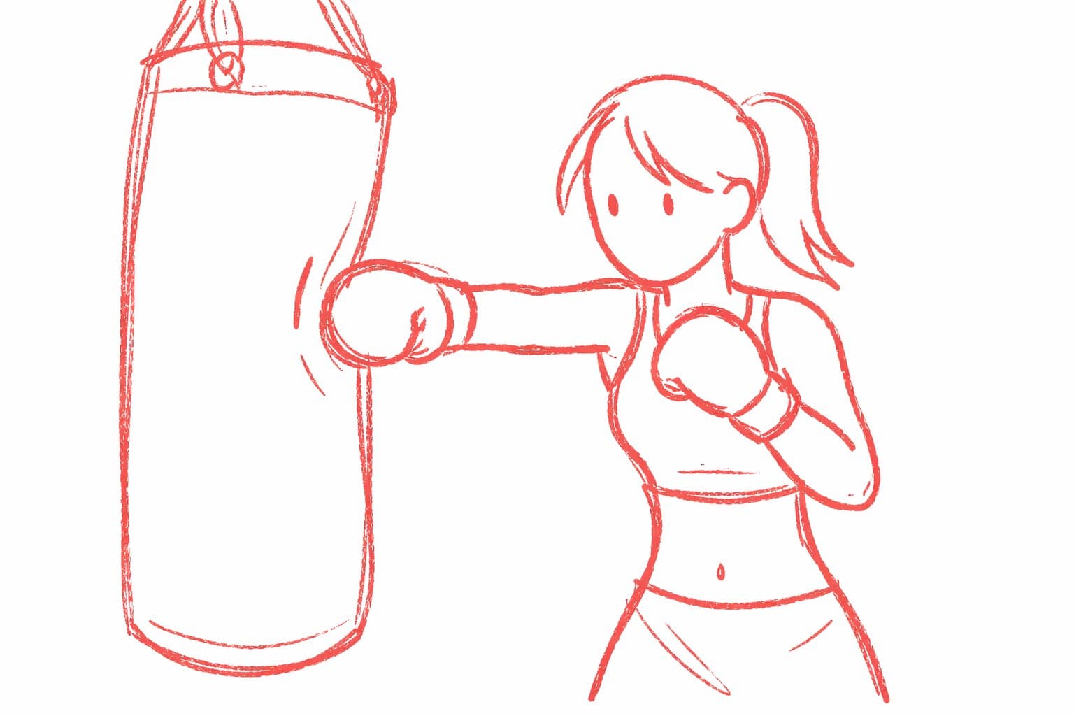 Medium close up: Young woman throws a tentative punch into the heavy bag