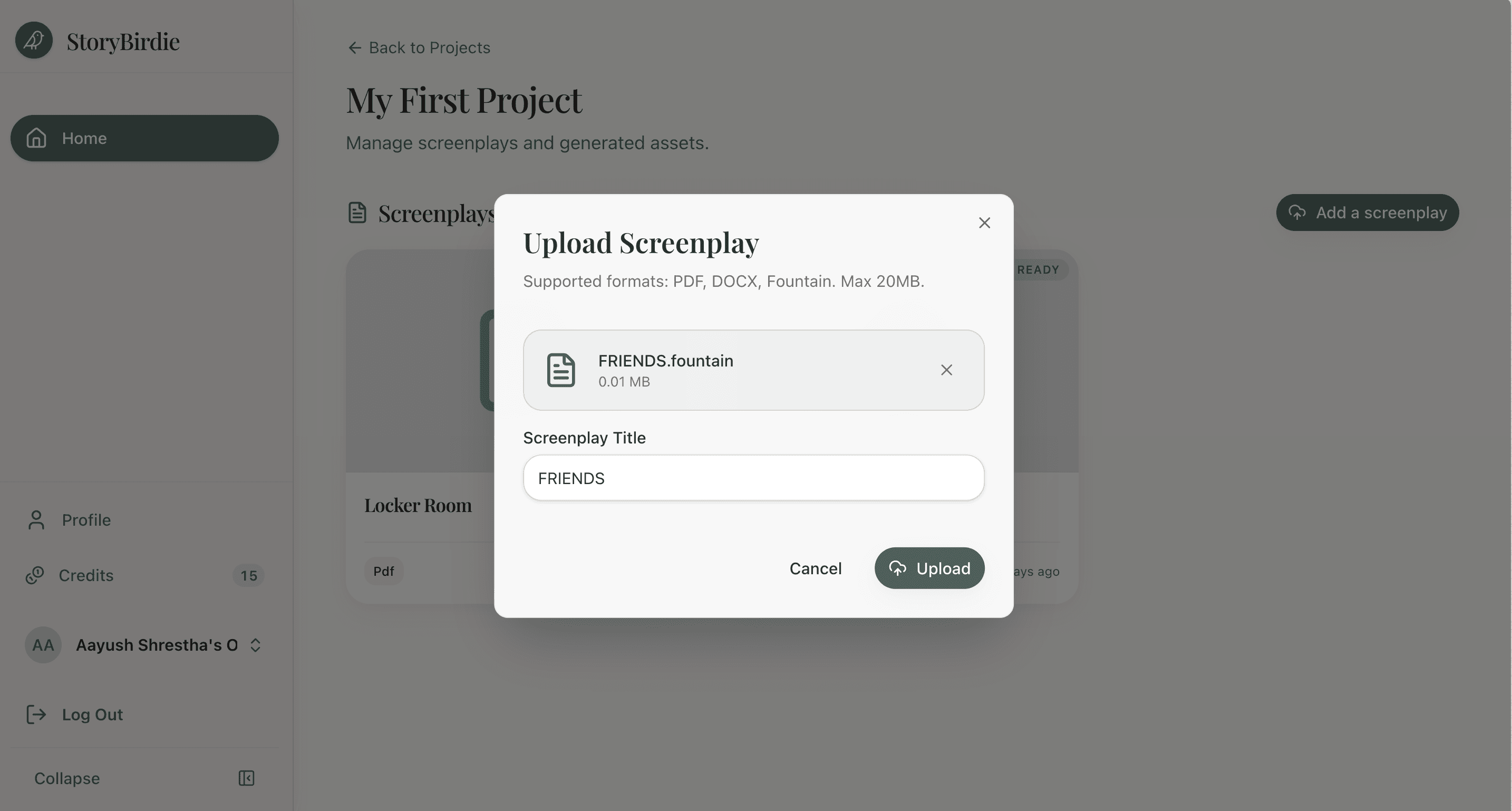 Screenplay upload screen showing FRIENDS fountain file being uploaded