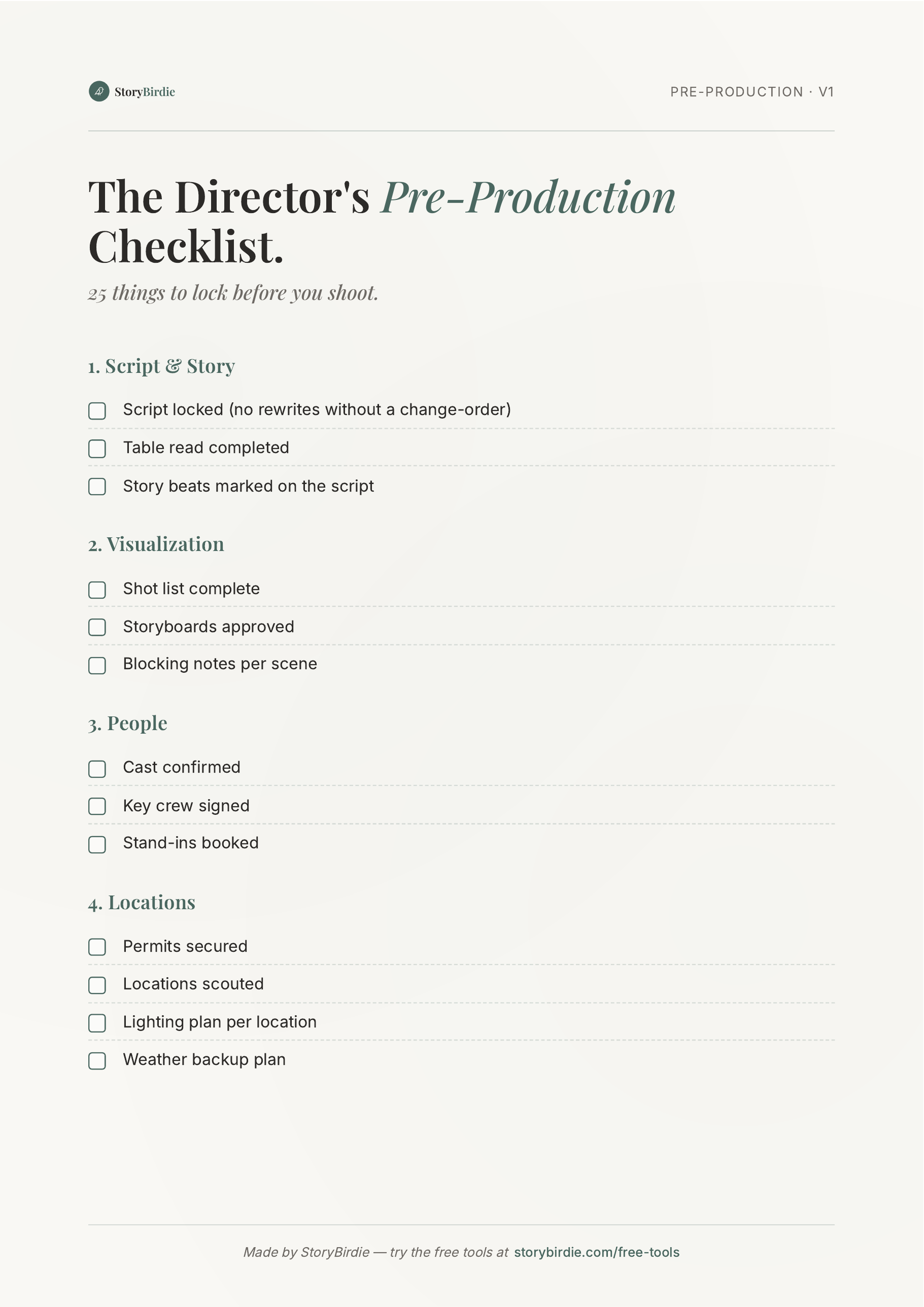Page one of the Director's Pre-Production Checklist PDF.