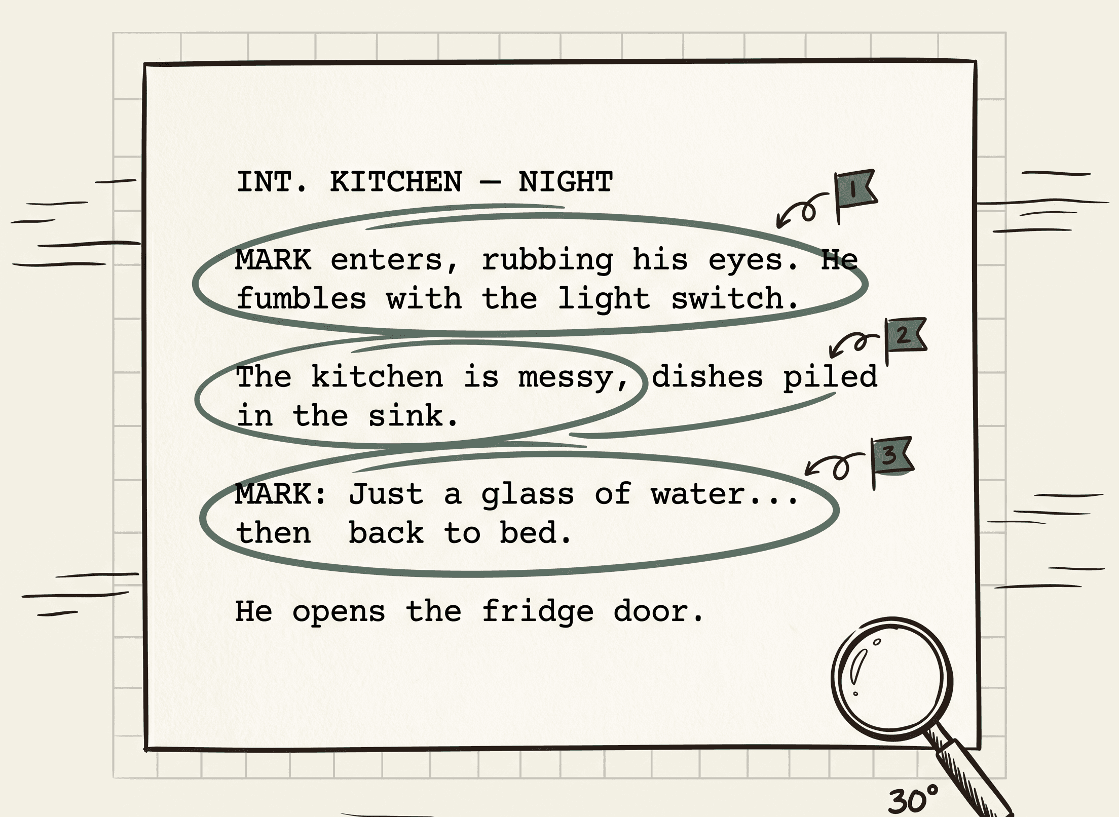 Hand-sketched screenplay page with sage continuity annotations.